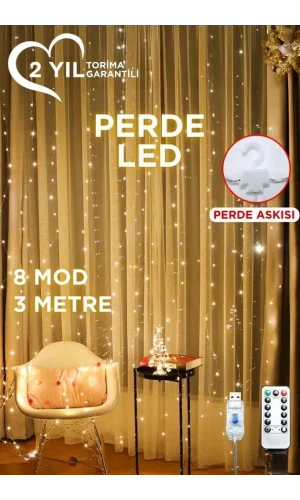 Lw-7 300 Ledli 10 Sarkıt Perde Led Işık, 8 Modlu Uzaktan Kumandalı, 3x3 Metre Peri Telli Led