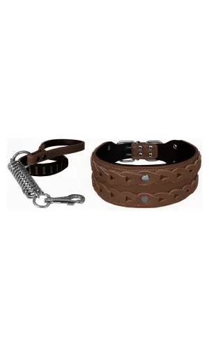 Markapet Elegance Deri İşlemeli Lüks Köpek Tasma Seti XL 7 cm*60-68 cm Kahverengi
