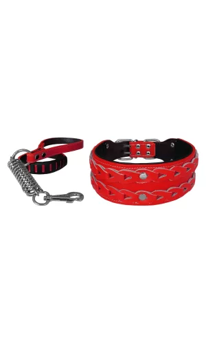 Markapet Elegance Deri İşlemeli Lüks Köpek Tasma Seti XL 7 cm*60-68 cm Kırmızı