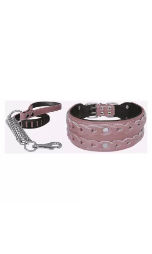 Markapet Elegance Deri İşlemeli Lüks Köpek Tasma Seti XL 7 cm*60-68 cm Pudra