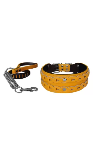 Markapet Elegance Deri İşlemeli Lüks Köpek Tasma Seti XL 7 cm*60-68 cm Sarı