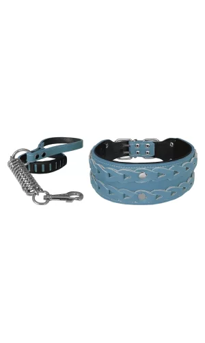 Markapet Elegance Deri İşlemeli Lüks Köpek Tasma Seti XL 7 cm*60-68 cm Turkuaz