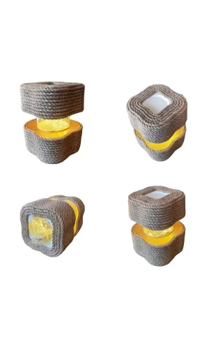 Masa Lambası - Bahçe Lambası Halat Jüt İp Dekorlu Pilli Ledli Beton Aydınlatma