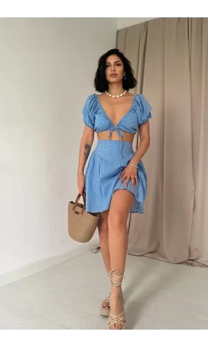 Mavi Brode Crop Ve Mini Etek Takım