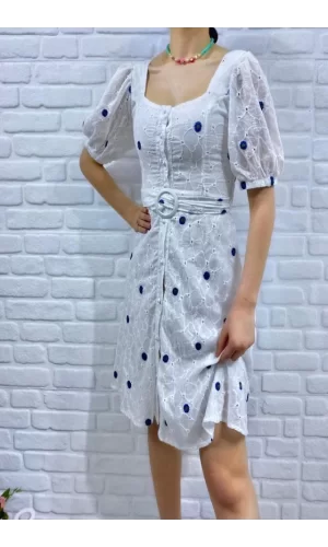 Mavi Kemerli Kare Yaka Elbise
