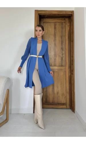Mavi Kolları Örgülü Triko Hırka