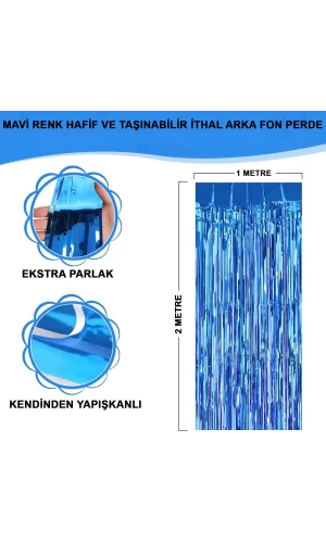 Mavi Renk Ekstra Metalize Parlak Saçaklı Arka Fon Perde İthal A Kalite 1x2 Metre