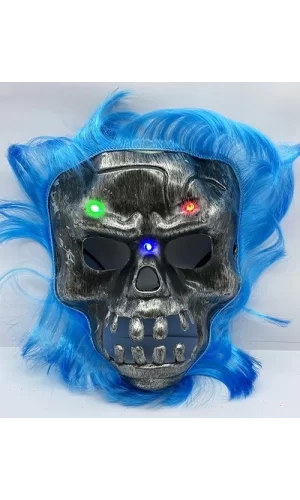 Mavi Saçlı Led Işıklı Kuru Kafa İskelet Korku Maskesi 22x25 Cm