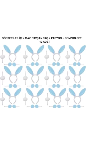 Mavi Tavşan Kostüm Seti – Taç, Papyon, Ponpon (12’li Paket)