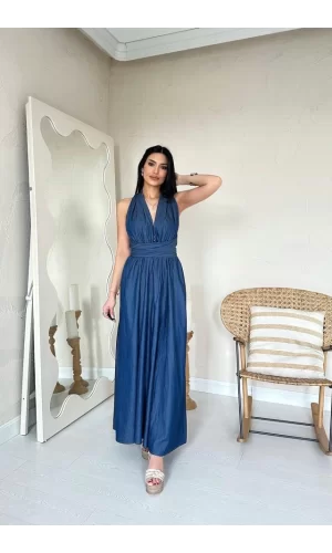 Mavi Tencel Bağlamalı Elbise