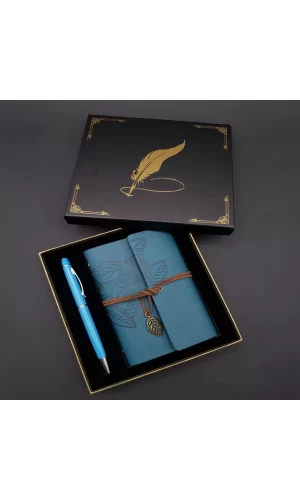 Metal Kalem Ve Mavi Deri Defter