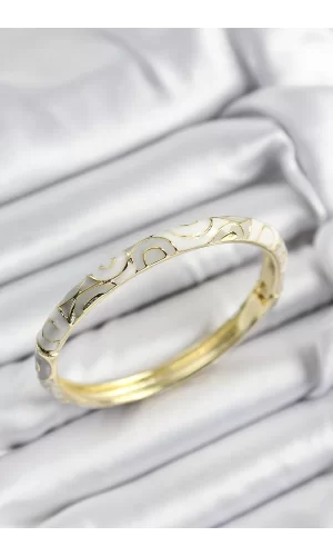 Mineli Pirinç Beyaz Ve Gri Sarmal Motifli Gold Renk Kadın Kelepçe