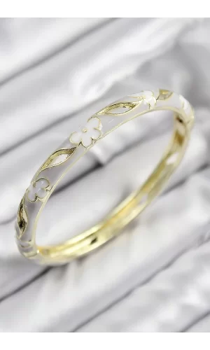Mineli Pirinç Çiçek Motifli Gold Renk Kadın Kelepçe