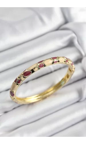 Mineli Pirinç Fuşya Ve Krem Petek Motifli Gold Renk Kadın Kelepçe