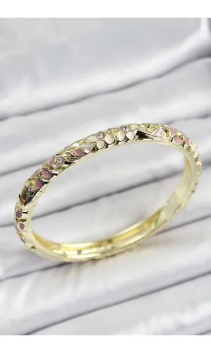 Mineli Pirinç Gold Renk Pembe Çiçek Desen Motifli Kadın Kelepçe
