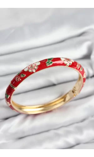 Mineli Pirinç Kırmızı Çiçek Motifli Gold Kadın Kelepçe