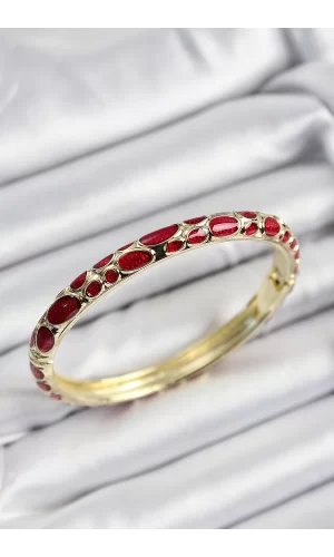 Mineli Pirinç Kırmızı Petek Motifli Gold Renk Kadın Kelepçe