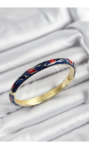 Mineli Pirinç Kırmızı ve Lacivert Yaprak Motifli Gold Renk Kadın Kelepçe