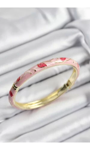 Mineli Pirinç Kırmızı ve Pembe Yaprak Motifli Gold Renk Kadın Kelepçe
