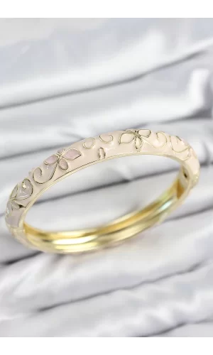 Mineli Pirinç Krem Çiçek Motifli Gold Kadın Kelepçe