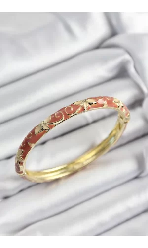 Mineli Pirinç Krem Çiçek Motifli Gold Renk Kadın Kelepçe