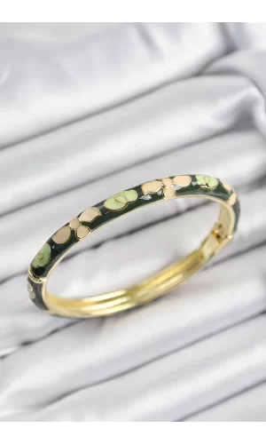 Mineli Pirinç Krem Ve Yeşil Çiçek Motifli Gold Renk Kadın Kelepçe