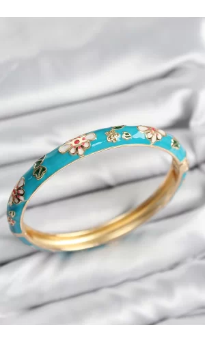Mineli Pirinç Mavi Çiçek Motifli Gold Kadın Kelepçe