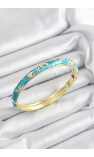 Mineli Pirinç Mavi Çiçek Motifli Gold Renk Kadın Kelepçe