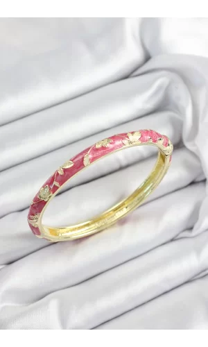 Mineli Pirinç Pembe Çiçek Motifli Gold Renk Kadın Kelepçe