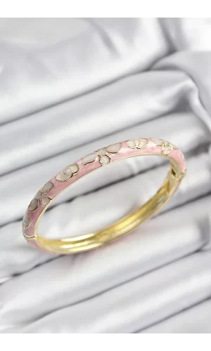 Mineli Pirinç Pembe Çiçek Motifli Gold Renk Kadın Kelepçe