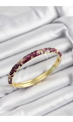 Mineli Pirinç Pembe Ve Fuşya Çiçek Motifli Gold Renk Kadın Kelepçe