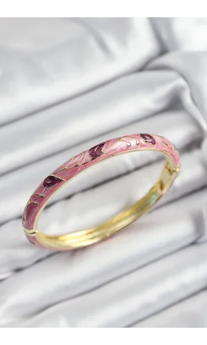 Mineli Pirinç Pembe Ve Fuşya Yaprak Motifli Gold Renk Kadın Kelepçe