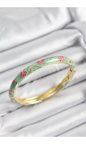 Mineli Pirinç Pembe Ve Yeşil Çiçek Motifli Gold Renk Kadın Kelepçe