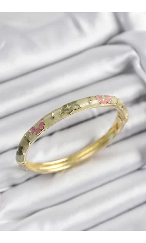 Mineli Pirinç Pembe Ve Yeşil Çiçek Motifli Gold Renk Kadın Kelepçe