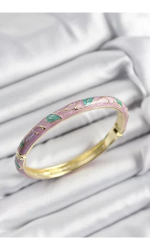 Mineli Pirinç Pembe Ve Yeşil Yaprak Motifli Gold Renk Kadın Kelepçe