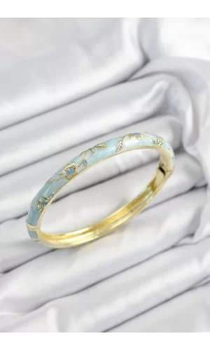 Mineli Pirinç Turkuaz Çiçek Motifli Gold Renk Kadın Kelepçe