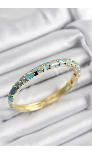 Mineli Pirinç Turkuaz Petek Motifli Gold Renk Kadın Kelepçe