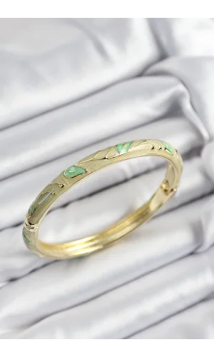 Mineli Pirinç Yeşil Yaprak Motifli Gold Renk Kadın Kelepçe
