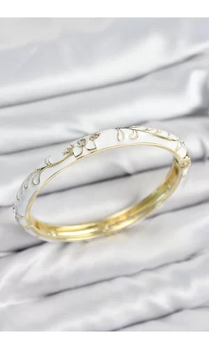 Mineli Pirinç Zirkon Taşlı Beyaz Çiçek Motifli Gold Kadın Kelepçe