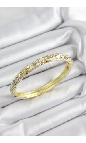 Mineli Pirinç Zirkon Taşlı Beyaz Pembe Çiçek Motifli Gold Renk Kadın Kelepçe