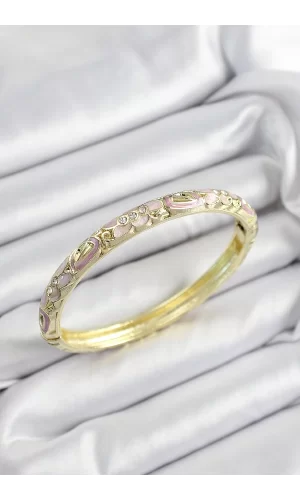 Mineli Pirinç Zirkon Taşlı Fuşya Çiçek Motifli Gold Renk Kadın Kelepçe