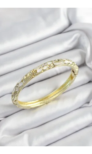 Mineli Pirinç Zirkon Taşlı Gri Beyaz Çiçek Motifli Gold Renk Kadın Kelepçe