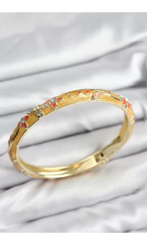 Mineli Pirinç Zirkon Taşlı Hardal Çiçek Motifli Gold Kadın Kelepçe