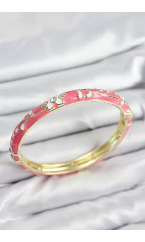 Mineli Pirinç Zirkon Taşlı Pembe Çiçek Motifli Gold Kadın Kelepçe