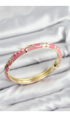 Mineli Pirinç Zirkon Taşlı Pembe Çiçek Motifli Gold Kadın Kelepçe