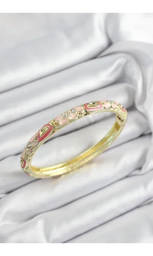 Mineli Pirinç Zirkon Taşlı Pembe Çiçek Motifli Gold Renk Kadın Kelepçe