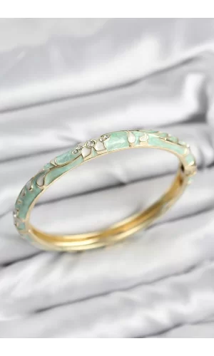 Mineli Pirinç Zirkon Taşlı Su Yeşili Çiçek Motifli Gold Kadın Kelepçe
