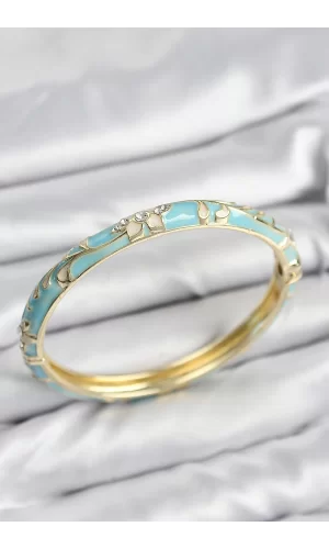 Mineli Pirinç Zirkon Taşlı Turkuaz Çiçek Motifli Gold Kadın Kelepçe
