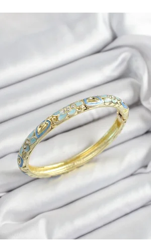 Mineli Pirinç Zirkon Taşlı Turkuaz Çiçek Motifli Gold Renk Kadın Kelepçe