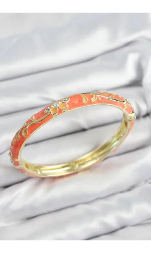 Mineli Pirinç Zirkon Taşlı Turuncu Çiçek Motifli Gold Kadın Kelepçe